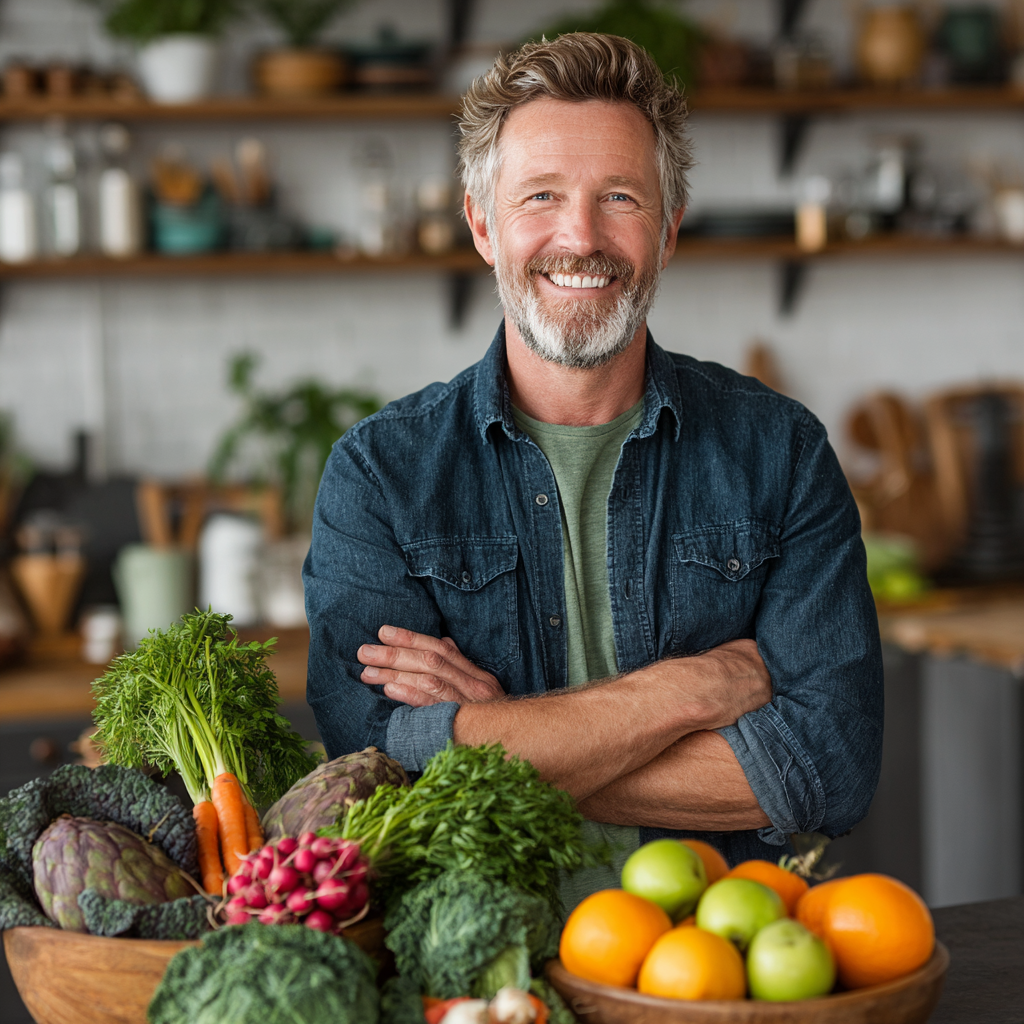 Happy middle-aged man in his 50s holding fresh vegetables and fruits, smiling confidently in bright kitchen setting
