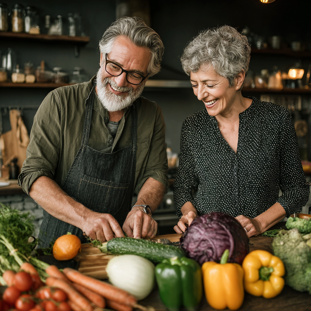 Mature couple in their 50s cooking healthy vegetables together in modern kitchen, smiling while preparing nutritious meal