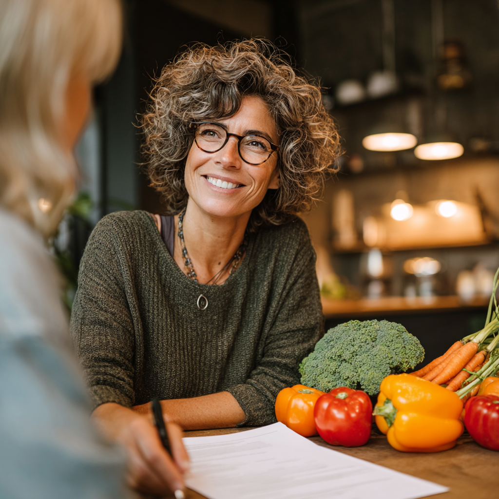 Professional nutritionist woman in her 45s consulting with client, reviewing healthy meal plan documents on modern desk